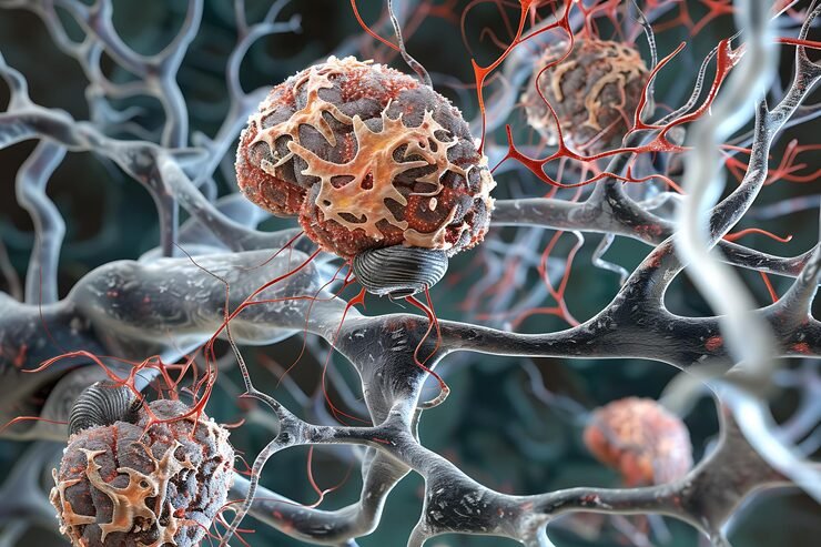 Medical illustration showing mechanical pressure inside a solid tumor and its effects on cancer cells