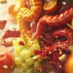 Gut microbiome illustration showing how intestinal bacteria influence calorie absorption, energy metabolism and body weight regulation.