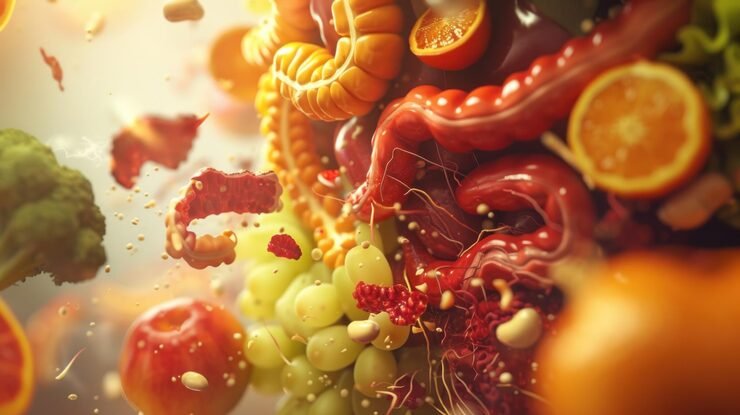 Gut microbiome illustration showing how intestinal bacteria influence calorie absorption, energy metabolism and body weight regulation.